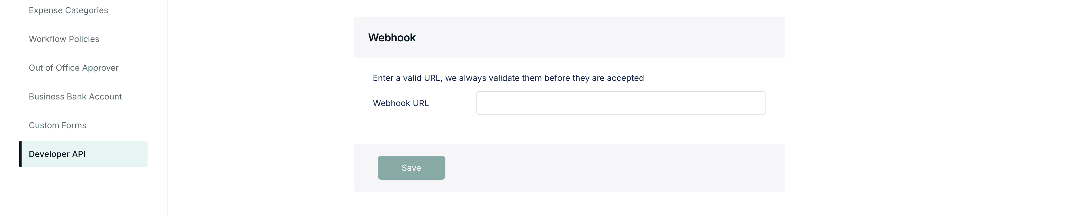 The Webhook section of the Developer API page in Duplo Dashboard, with the webhook URL field and the Save button