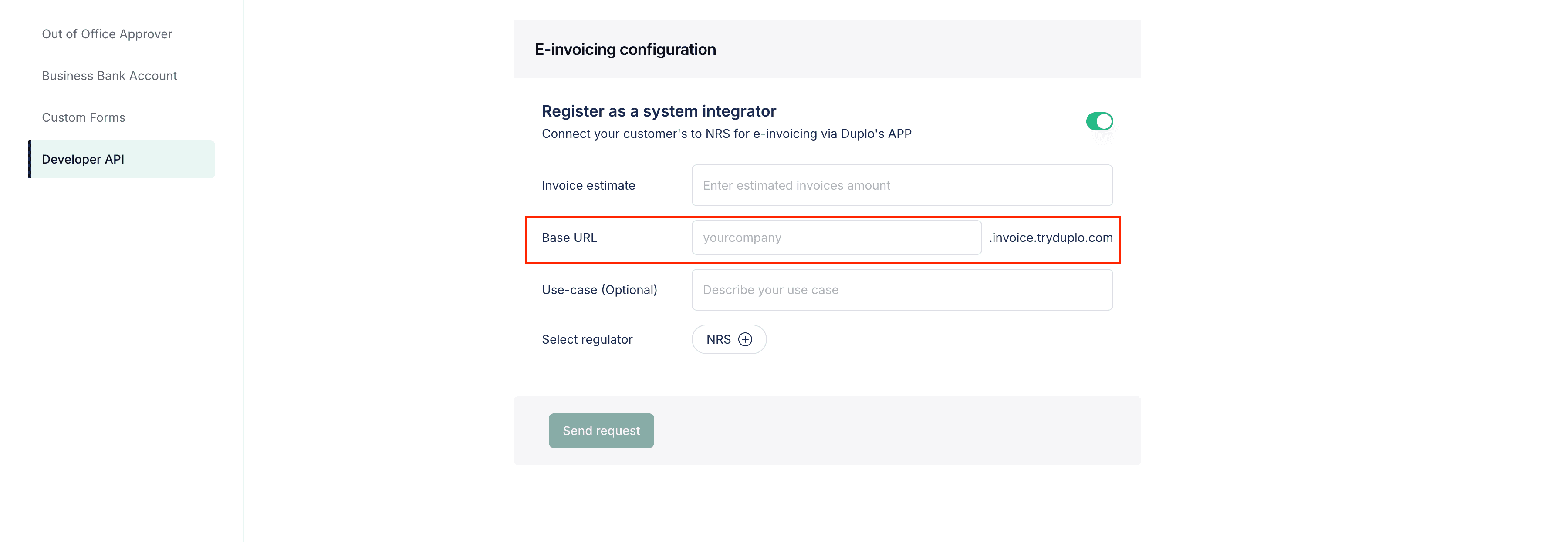 The E-invoicing configuration panel in Duplo Dashboard, with the Register as a system integrator toggle switched on and the Base URL field highlighted for the domain label