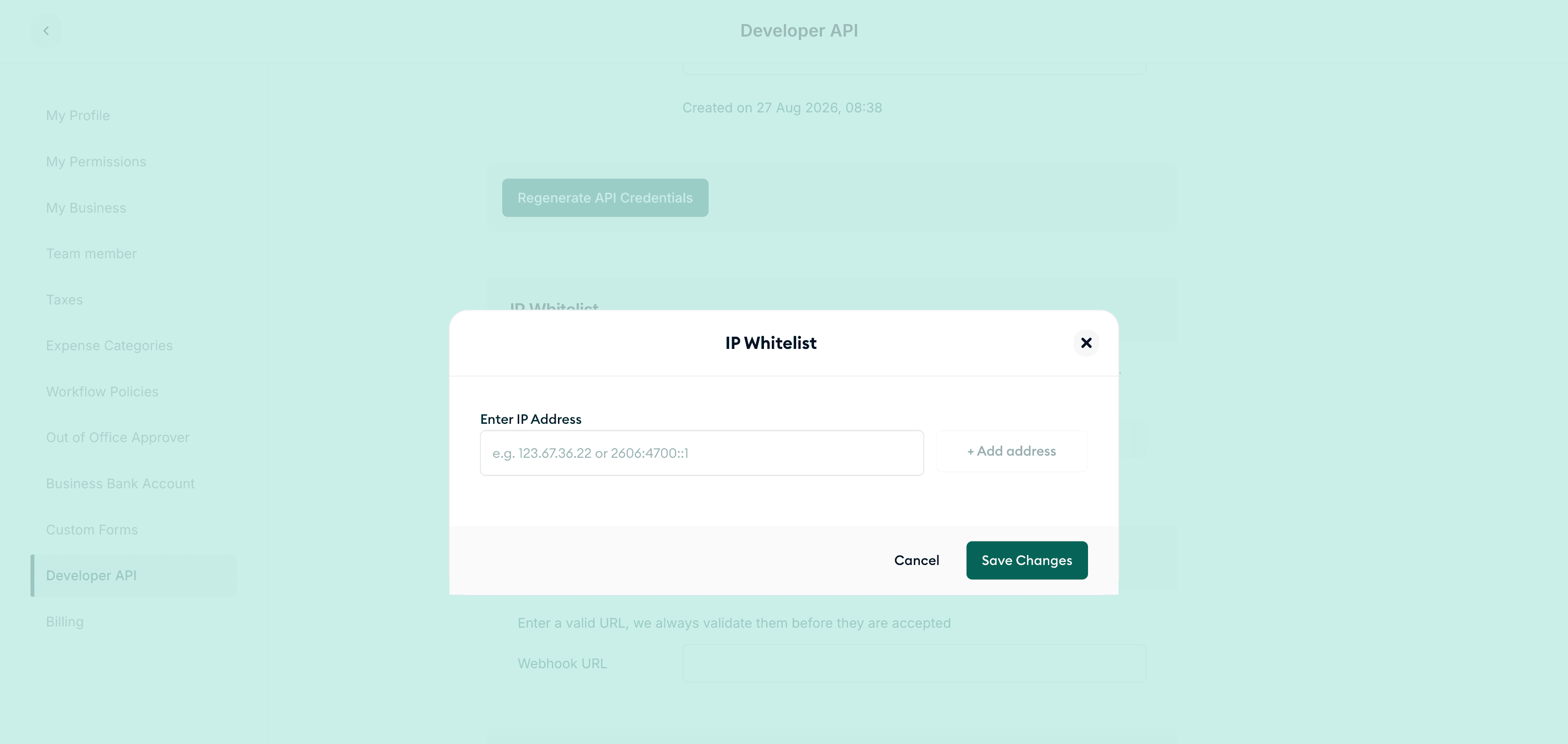The IP Whitelist dialog on the Developer API page in Duplo Dashboard, with an Enter IP Address field, an Add address button, and Save Changes