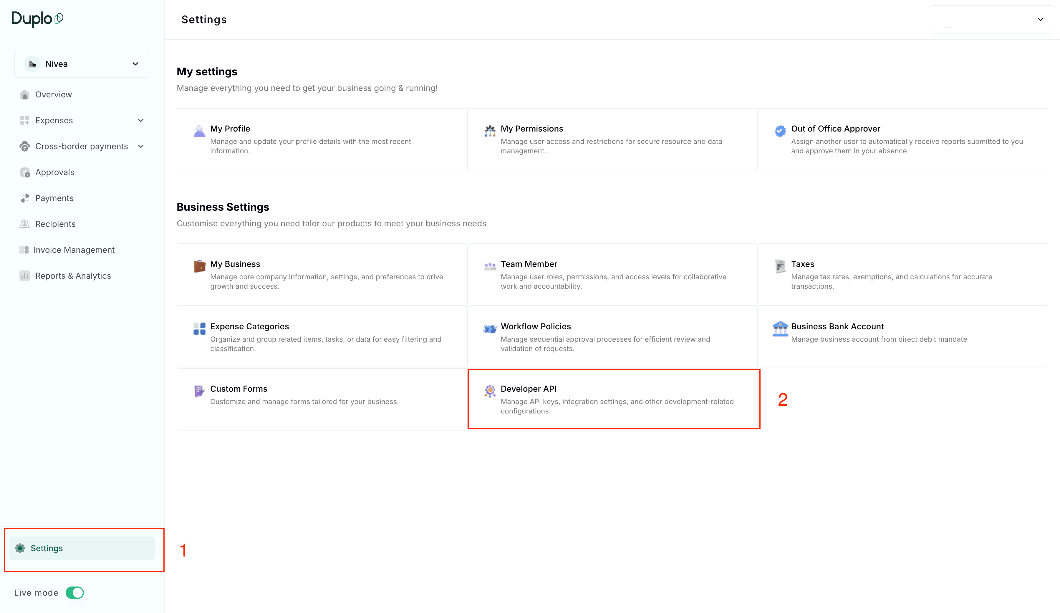The Duplo Dashboard Settings page, with the Settings item in the left sidebar marked 1 and the Developer API card under Business Settings marked 2